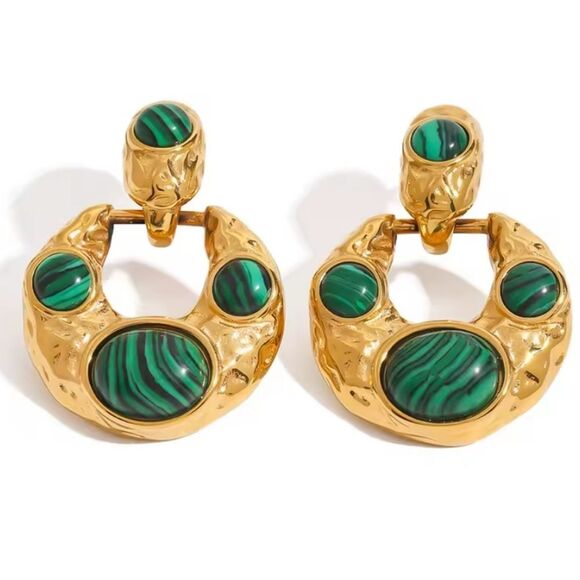 New ANTHRO Gold Ss Emerald Green Marbled Stone Earrings - Picture 2 of 7